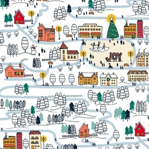 Winter Village Drawing // colorful, white background