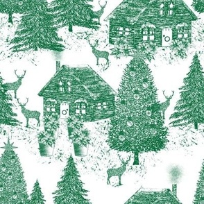 Christmas Village Toile.Green on White