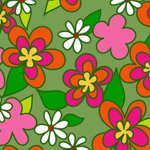 Retro vintage 60s floral pinks on avacado