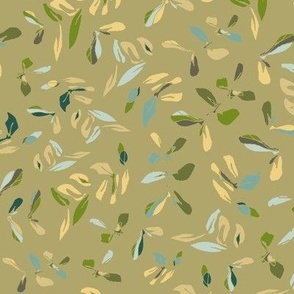 Leafy pomegranates- on Olive green, w/tan, teal, yellow