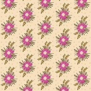 324 - Cosmos in olive green, pink and cream with wild grasses and polka dot background: jumbo scale for duvet covers, bedroom curtains and soft furnishings