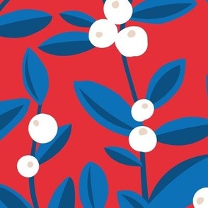 Lush little poppy flower winter garden berries leaves and fruit garden branches christmas navy blue on red white wallpaper JUMBO