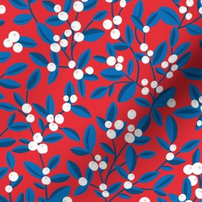 Lush little poppy flower winter garden berries leaves and fruit garden branches christmas navy blue on red white wallpaper