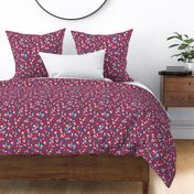 Lush little poppy flower winter garden berries leaves and fruit garden branches christmas navy blue on red white wallpaper