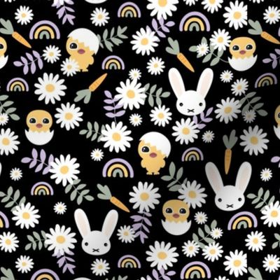 Sweet Easter garden spring bunnies and chicken flowers leaves and rainbows kawaii style for kids lilac green yellow on black