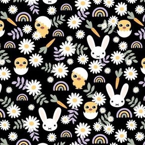Sweet Easter garden spring bunnies and chicken flowers leaves and rainbows kawaii style for kids lilac green yellow on black