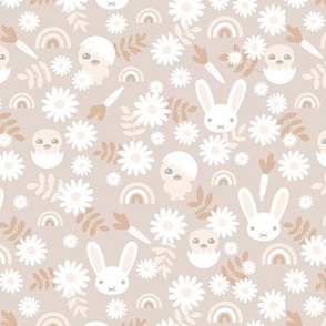 Sweet Easter garden spring bunnies and chicken flowers leaves and rainbows kawaii style for kids seventies vintage palette beige sand nude