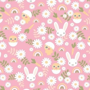 Sweet Easter garden spring bunnies and chicken flowers leaves and rainbows kawaii style for kids pastel sage green yellow on pink