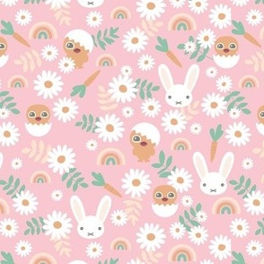 Sweet Easter garden spring bunnies and chicken flowers leaves and rainbows kawaii style for kids pastel turquoise orange on pink