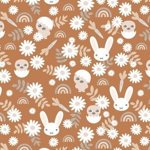 Sweet Easter garden spring bunnies and chicken flowers leaves and rainbows kawaii style for kids pastel sand gray beige on rust cinnamon terracotta 