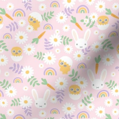 Sweet Easter garden spring bunnies and chicken flowers leaves and rainbows kawaii style for kids pastel lilac pink mint green