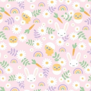 Sweet Easter garden spring bunnies and chicken flowers leaves and rainbows kawaii style for kids pastel lilac pink mint green