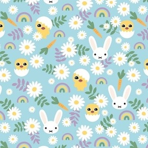 Sweet Easter garden spring bunnies and chicken flowers leaves and rainbows kawaii style for kids pastel yellow lilac green