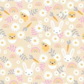 Sweet Easter garden spring bunnies and chicken flowers leaves and rainbows kawaii style for kids pastel pink gray on butter yellow