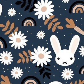 Sweet Easter garden spring bunnies and chicken flowers leaves and rainbows spots kawaii style for kids black rust cinnamon beige white on navy blue night LARGE