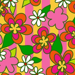 Groovy Flowers on Pink and Yellow Stripes