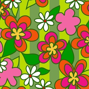 Groovy Flowers on Green Stripes