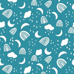 Rainbows, Rainclouds Block Print in Teal Blue and White