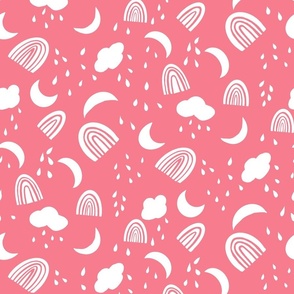 Rainbows, Rainclouds Block Print in Pink and White