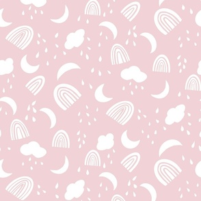 Rainbows, Rainclouds Block Print in Pastel Pink and White