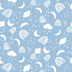 Rainbows, Rainclouds Block Print in Baby Blue and White