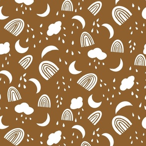 Rainbows, Rainclouds Block Print in Brown and White