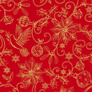 173 Christmas Toile Ornaments gold _ red