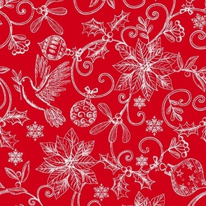 173 Christmas Toile Ornaments white on red