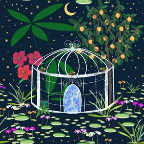 Exuberant Greenhouse Garden - blue background - smaller medium scale