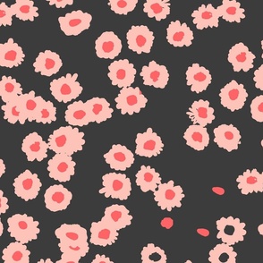 large // meadow scattered flowers - rose pink on a black background