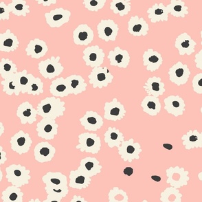 large // meadow scattered flowers - white and black on pink