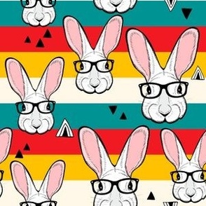 Rabbits in glasses on the striped background