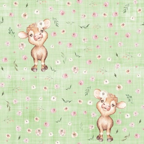 pink rose cow green linen