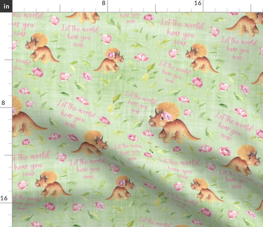 pink peonies triceratops green linen