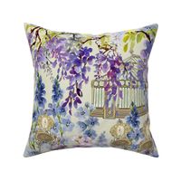 Victorian-greenhouse-delphinium-wisteria-blue-purple-white-black-brown-gold-tan-green-on-plae-green-bkgd