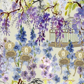 Victorian-greenhouse-delphinium-wisteria-blue-purple-white-black-brown-gold-tan-green-on-plae-green-bkgd