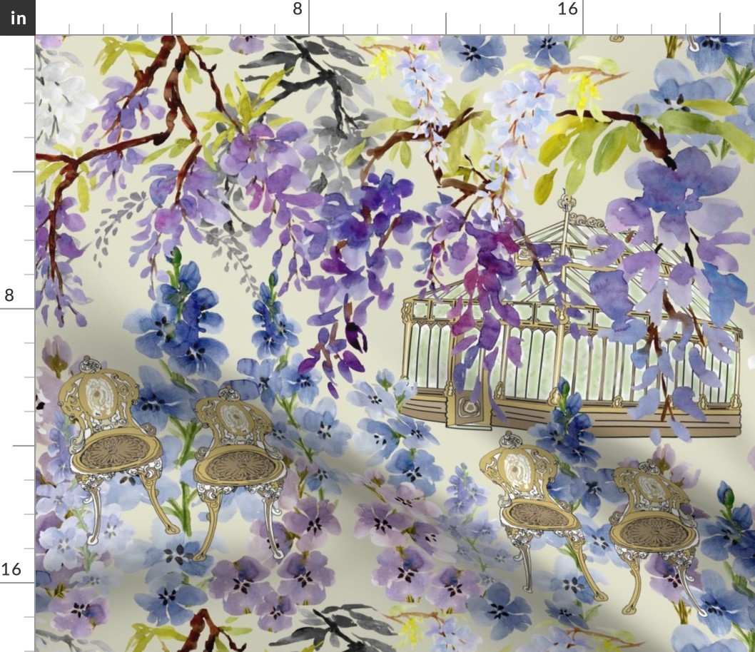 Victorian-greenhouse-delphinium-wisteria-blue-purple-white-black-brown-gold-tan-green-on-plae-green-bkgd