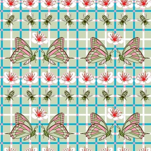 Cherry Blossom Butterfly Geometrics on Green with Turquoise stripes