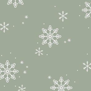 Snowflakes and stars winter night boho ice abstract minimalist seasonal christmas design white on sage green olive