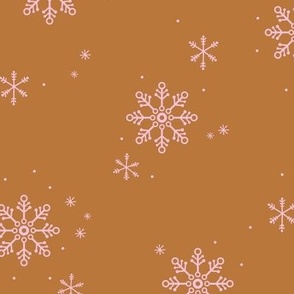 Snowflakes and stars winter night boho ice abstract minimalist seasonal christmas design pink on cinnamon sienna brown