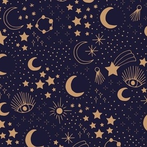 Mystic Universe party sun moon phase and stars sweet dreams deep navy blue night golden brown