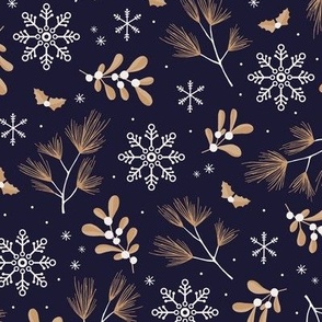 Sweet boho Christmas garden botanical elements mistletoe and pine needles snowflake night cinnamon white on deep navy blue night