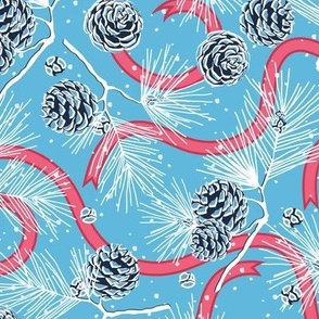 Spruce cones and festive ribbons on blue background