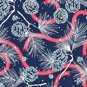 Spruce cones and festive ribbons on dark blue background