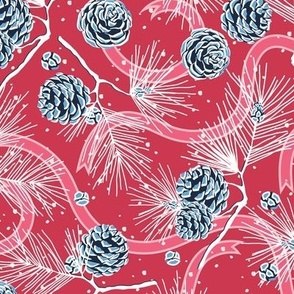 Spruce cones and festive ribbons on red background 