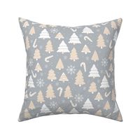 Boho christmas trees candy and snow flakes in white soft butter yellow blush on gray