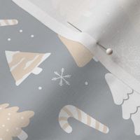 Boho christmas trees candy and snow flakes in white soft butter yellow blush on gray