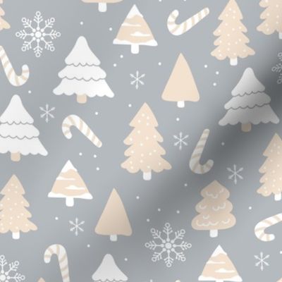 Boho christmas trees candy and snow flakes in white soft butter yellow blush on gray