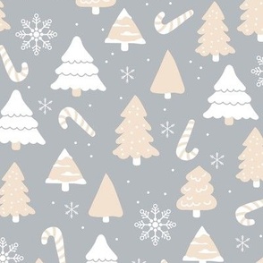Boho christmas trees candy and snow flakes in white soft butter yellow blush on gray