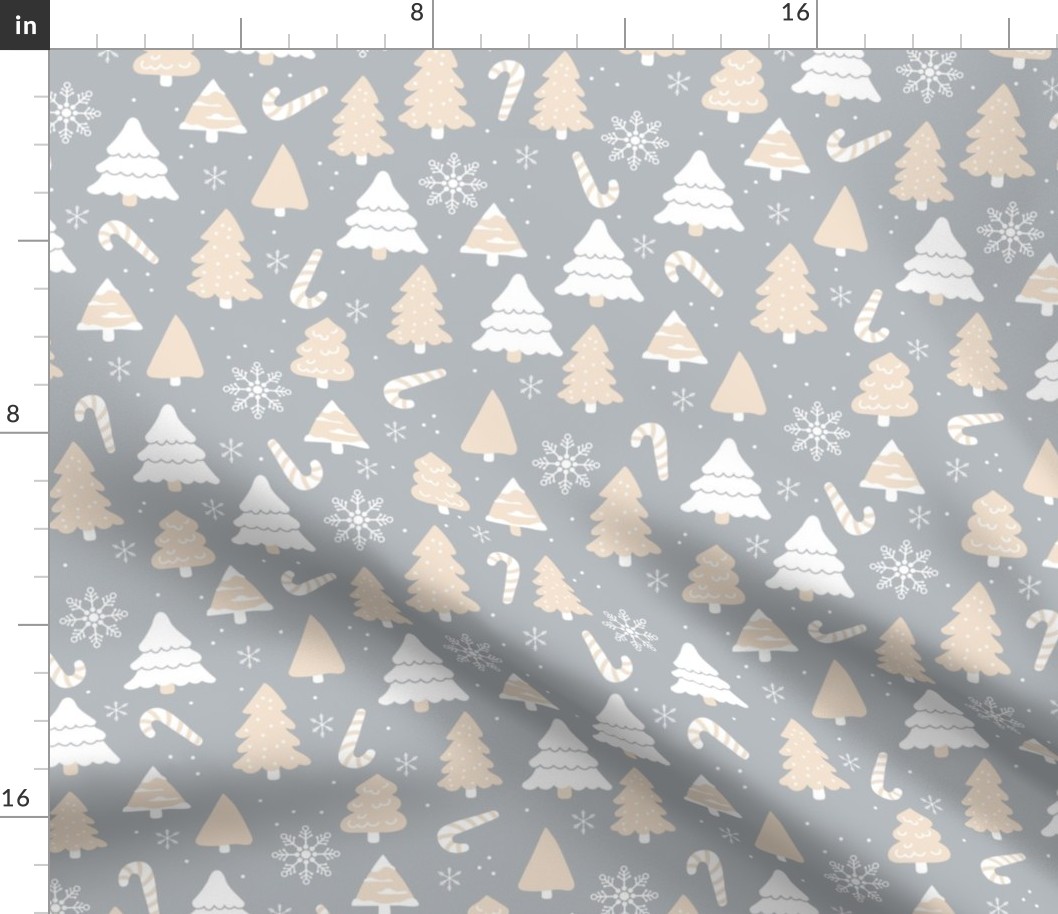 Boho christmas trees candy and snow flakes in white soft butter yellow blush on gray